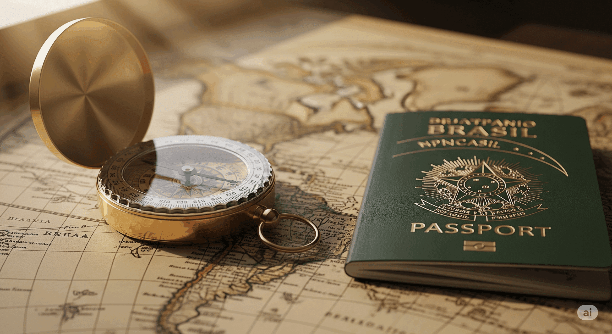 Passaporte brasileiro e uma bussola em cima do mapa mundi